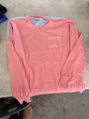 Lauren James Coral Pink Pocket Blue Seersucker Long Sleeve Tee Beachcomber